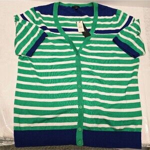 Talbots Green White Striped Short Sleeve Cotton Blend Cardigan L NWT Academia